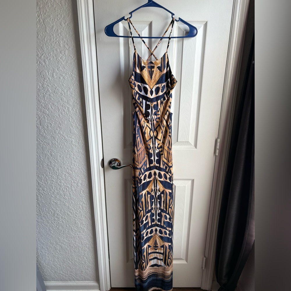 Navy and Tan Printed Strappy Maxi Dress Size Small